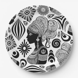African Girl Portrait Tribal Tattoo Paper Plate