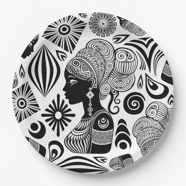 African Girl Portrait Tribal Tattoo Paper Plate (Front)