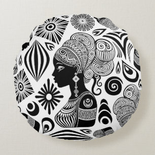 African Girl Portrait Tribal Tattoo Round Cushion