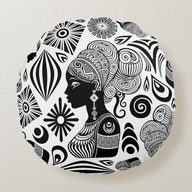 African Girl Portrait Tribal Tattoo Round Cushion (Front)