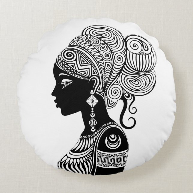African Girl Portrait Tribal Tattoo Round Cushion (Front)