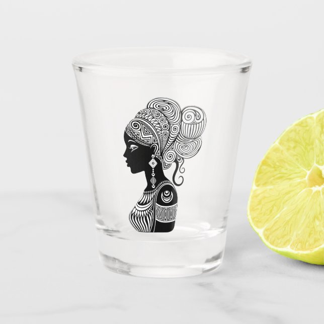 African Girl Portrait Tribal Tattoo Shot Glass (Front)