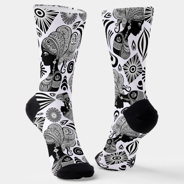 African Girl Portrait Tribal Tattoo Socks (Angled)