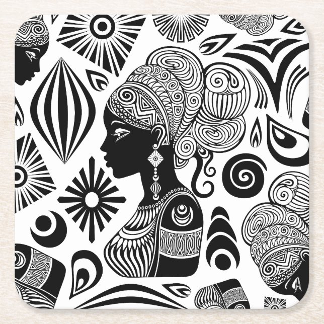 African Girl Portrait Tribal Tattoo Square Paper Coaster (Front)