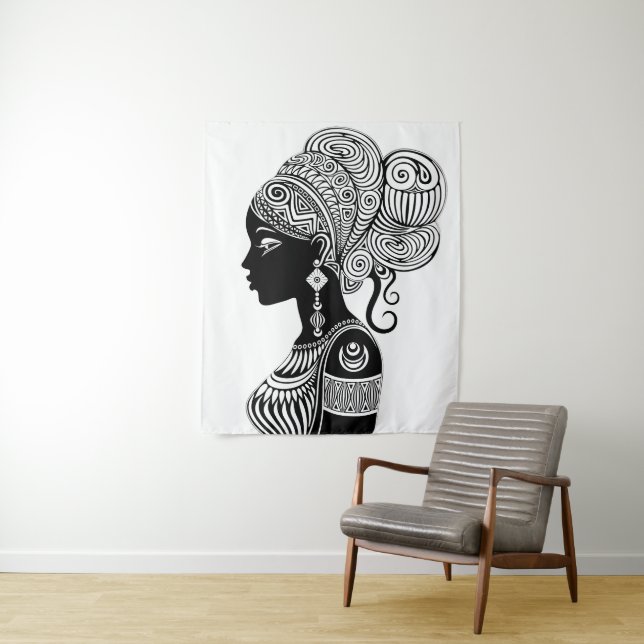 African Girl Portrait Tribal Tattoo Tapestry (In Situ)