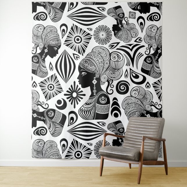 African Girl Portrait Tribal Tattoo Tapestry (In Situ)