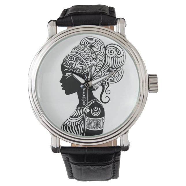 African Girl Portrait Tribal Tattoo Watch (Front)