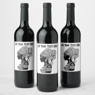 African Girl Portrait Tribal Tattoo Wine Label