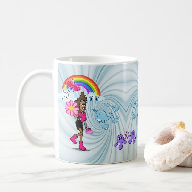 African Girl Rainbow Narwhal  Mug (With Donut)