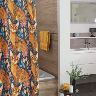 African Golden Cat Boho Style Pattern Shower Curtain