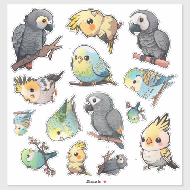 African Grey, Cockatiel and Parakeet Sticker Sheet (Sheet)