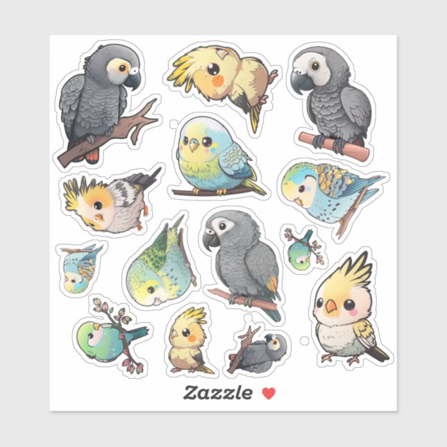 African Grey, Cockatiel and Parakeet Sticker Sheet (Sheet)