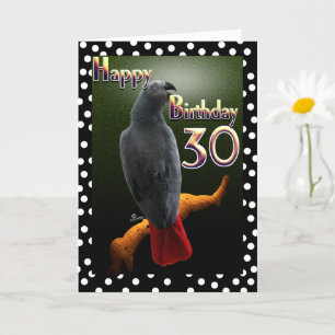 African Grey Congo parrot polka-dots 30th B-Day Card