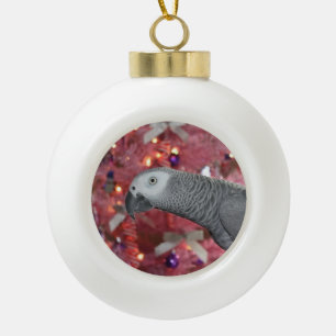 African Grey Parrot and Icy Pink Christmas Tree Ceramic Ball Christmas Ornament