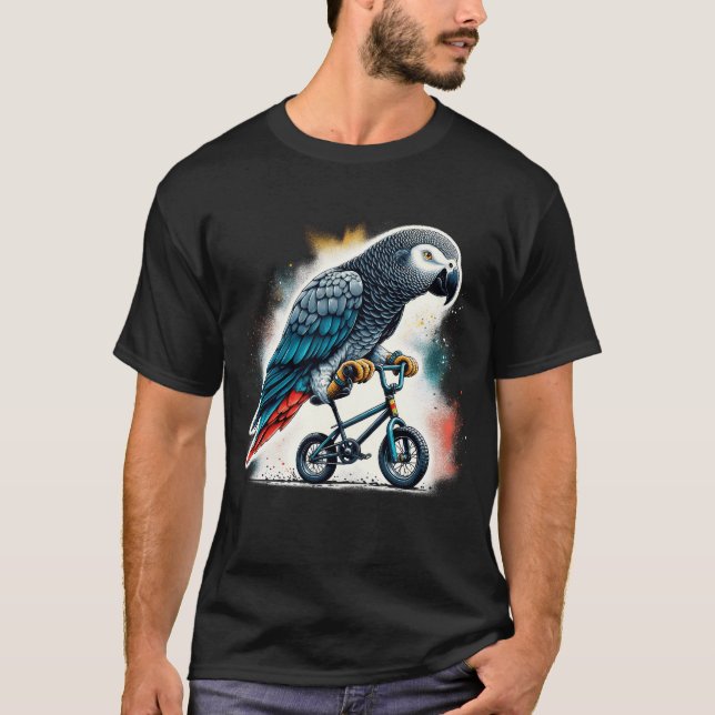 African Grey Parrot Bird Riding Bike Biker T-Shirt (Front)