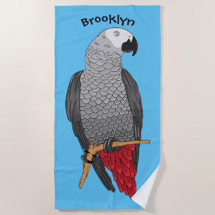 African grey parrot cartoon illustration beach towel