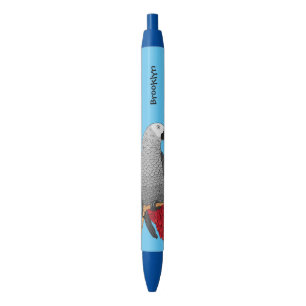 African grey parrot cartoon illustration black ink pen