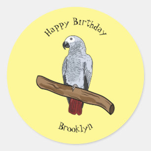 African grey parrot cartoon illustration classic round sticker