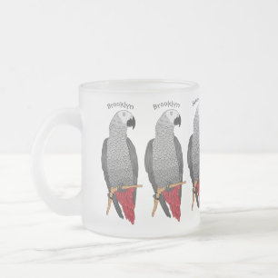 African grey parrot cartoon illustration frosted glass coffee mug