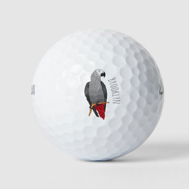 African grey parrot cartoon illustration  golf balls (Front)