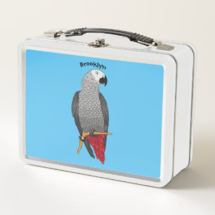 African grey parrot cartoon illustration metal lunch box
