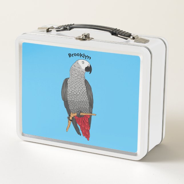 African grey parrot cartoon illustration  metal lunch box (Front)