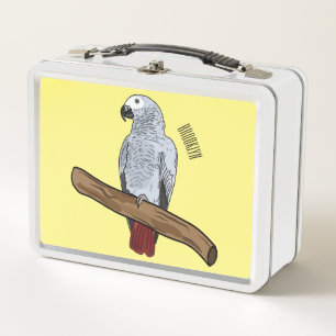African grey parrot cartoon illustration metal lunch box
