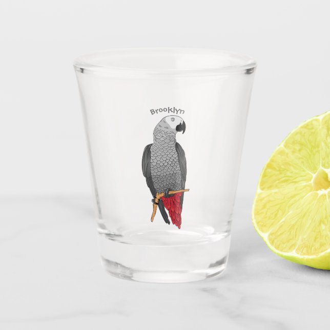 African grey parrot cartoon illustration shot glass (Front)