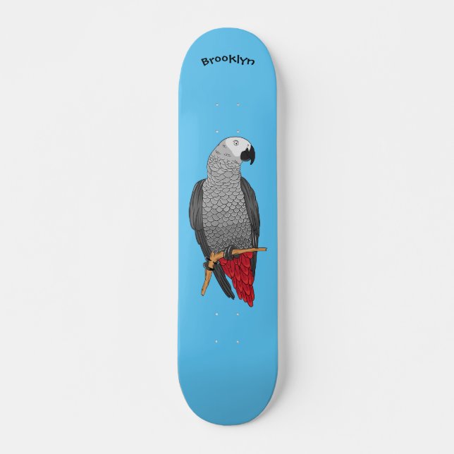 African grey parrot cartoon illustration skateboard (Front)