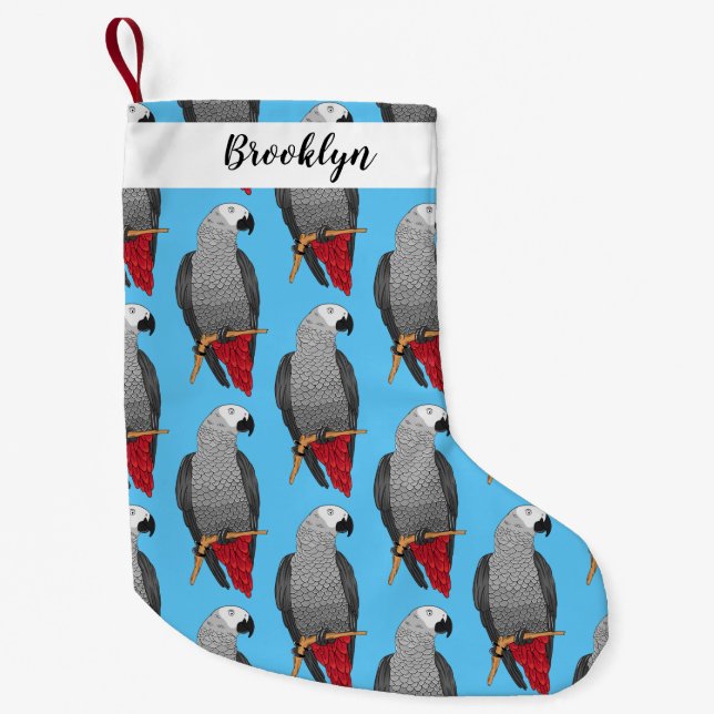 African grey parrot cartoon illustration  small christmas stocking (Front)