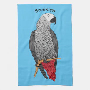 African grey parrot cartoon illustration tea towel