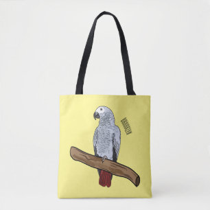 African grey parrot cartoon illustration tote bag
