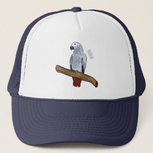 African grey parrot cartoon illustration  trucker hat