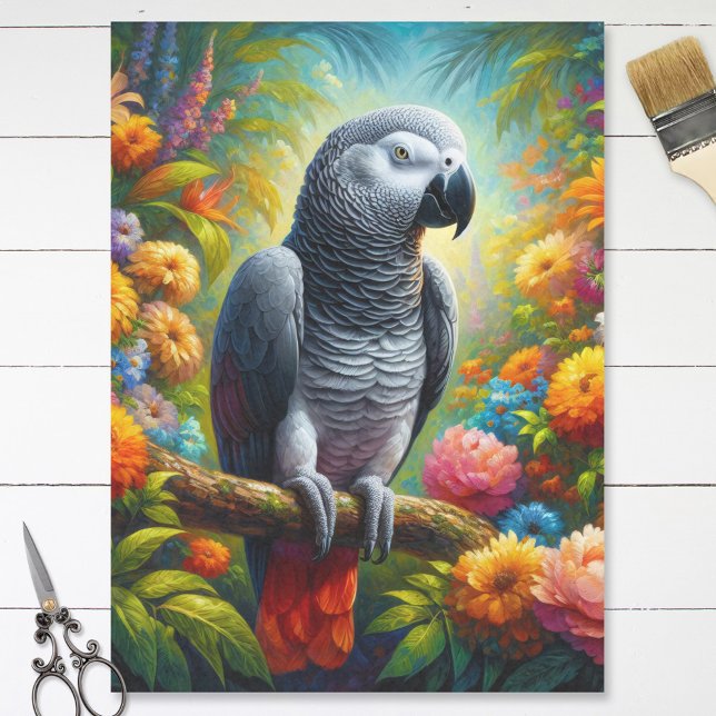 African Grey Parrot Colourful Flowers Decoupage Tissue Paper (Creator Uploaded)