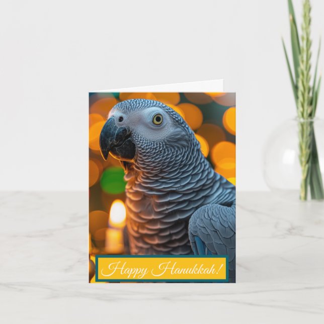 African Grey Parrot Hanukkah Card  (Front)