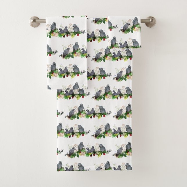 African Grey Parrot Party Bathroom Towels (Insitu)