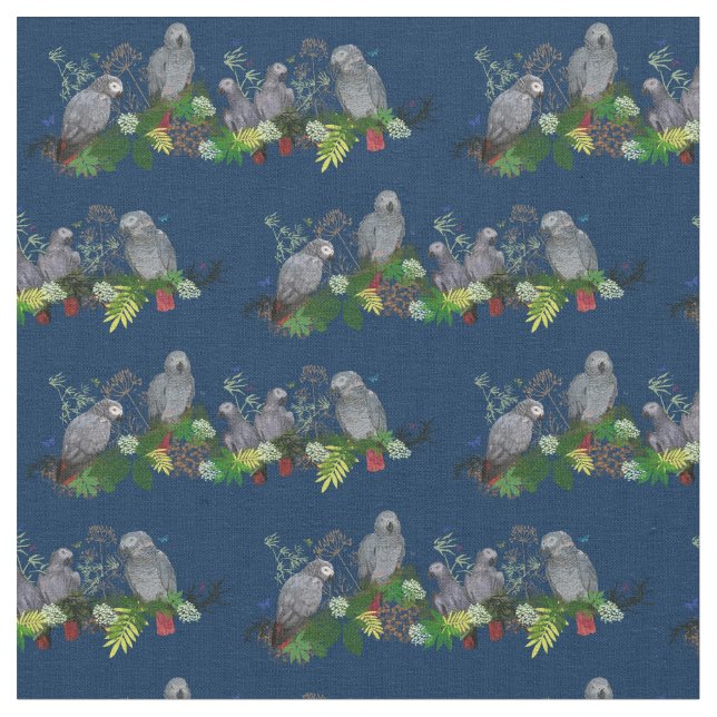 African Grey Parrot Party Fabric (Navy) (Close Up)