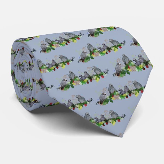 African Grey Parrot Party Tie (Light Blue) (Rolled)