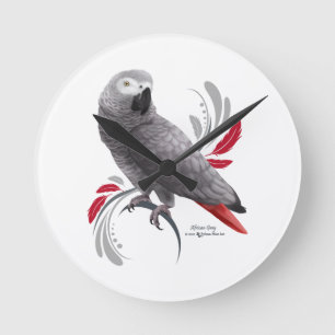 African Grey Parrot Round Clock