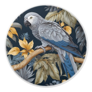 African Grey Parrot Tropical Leaves Ceramic Knob