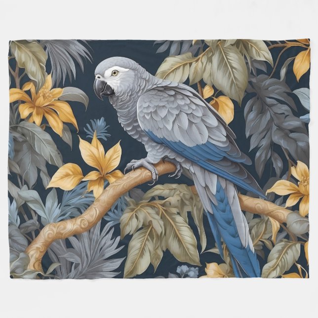 African Grey Parrot Tropical Leaves Fleece Blanket (Front (Horizontal))