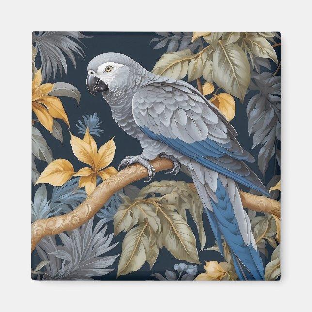 African Grey Parrot Tropical Leaves Magnet (Front)