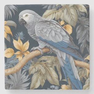 African Grey Parrot Tropical Leaves Stone Coaster