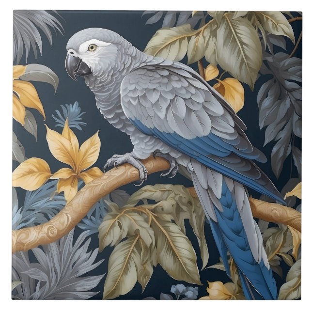 African Grey Parrot Tropical Leaves Tile (Front)