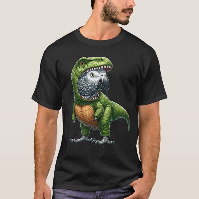 African Grey Parrot Wearing Dinosaur Outfit Funny T-Shirt (Front)