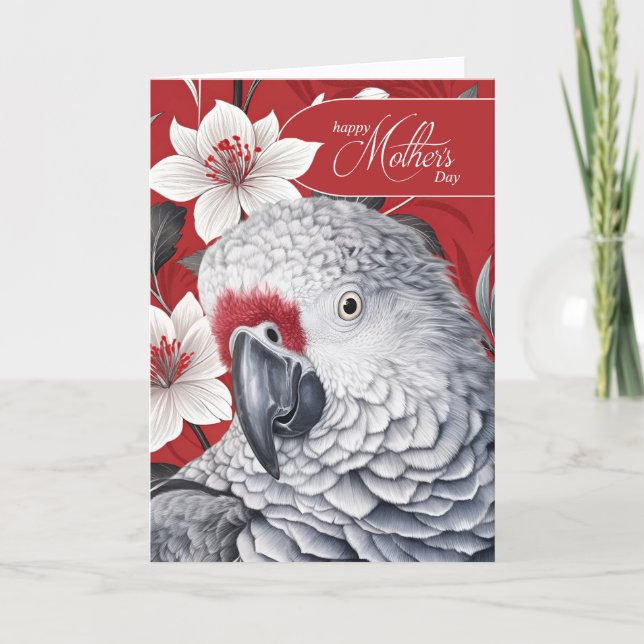 African Grey Parrot White Lilies Red Mother's Day Holiday Card (Front)