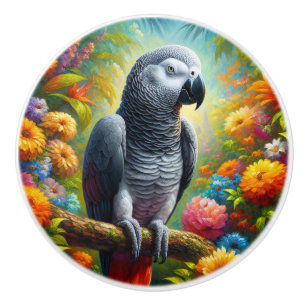 African Grey Parrot with Colourful Flowers Ceramic Knob