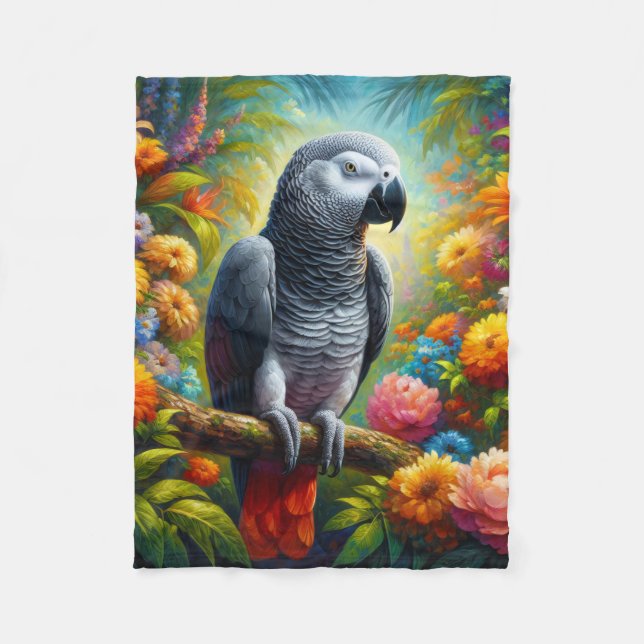 African Grey Parrot with Colourful Flowers Fleece Blanket (Front)