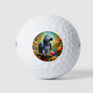 African Grey Parrot with Colourful Flowers Golf Balls