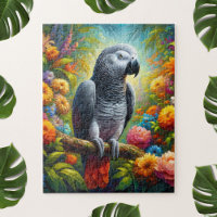 African Grey Parrot with Colourful Flowers